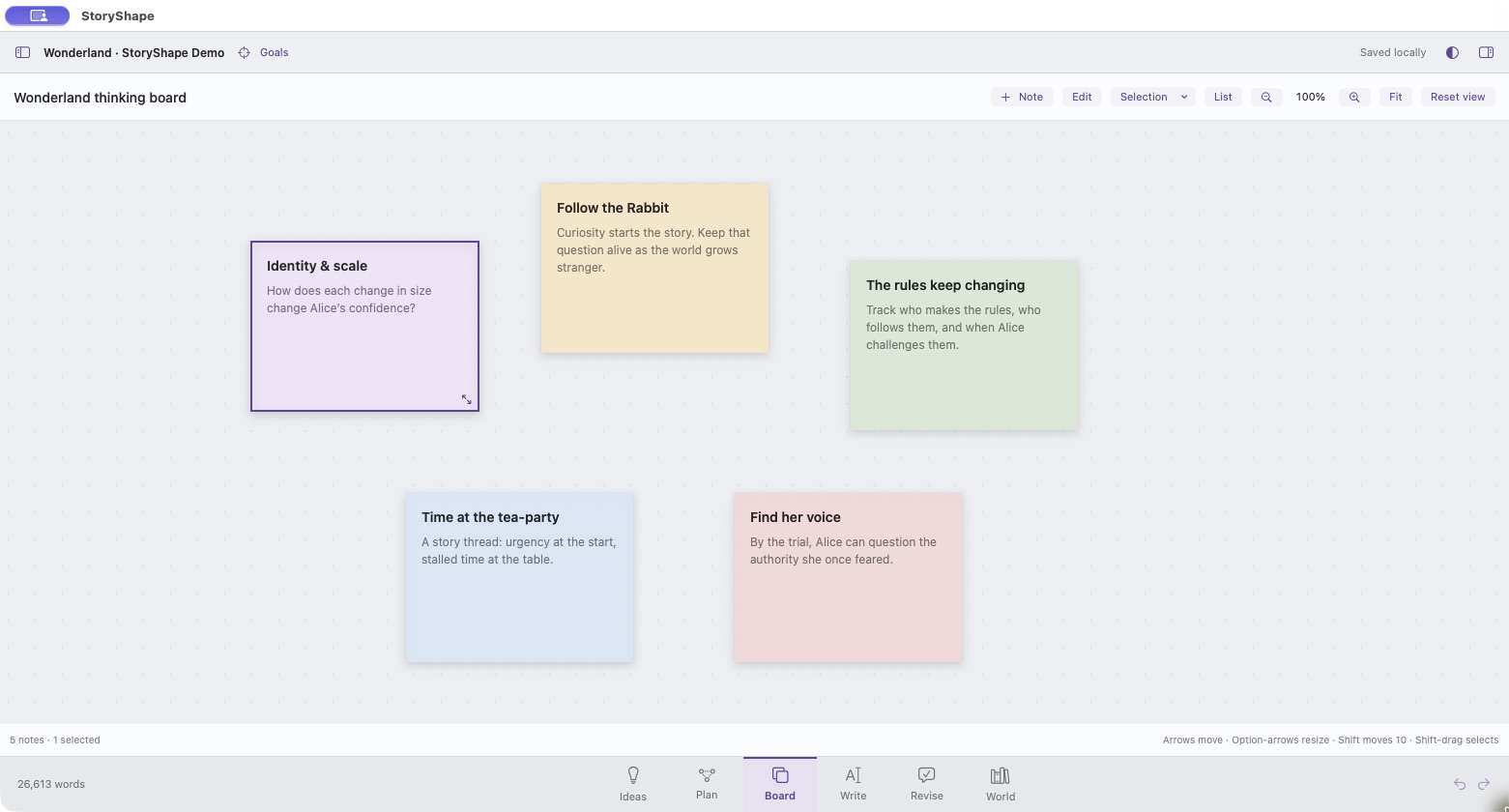StoryShape free-flow board with colored notes about Wonderland’s recurring themes and story questions.