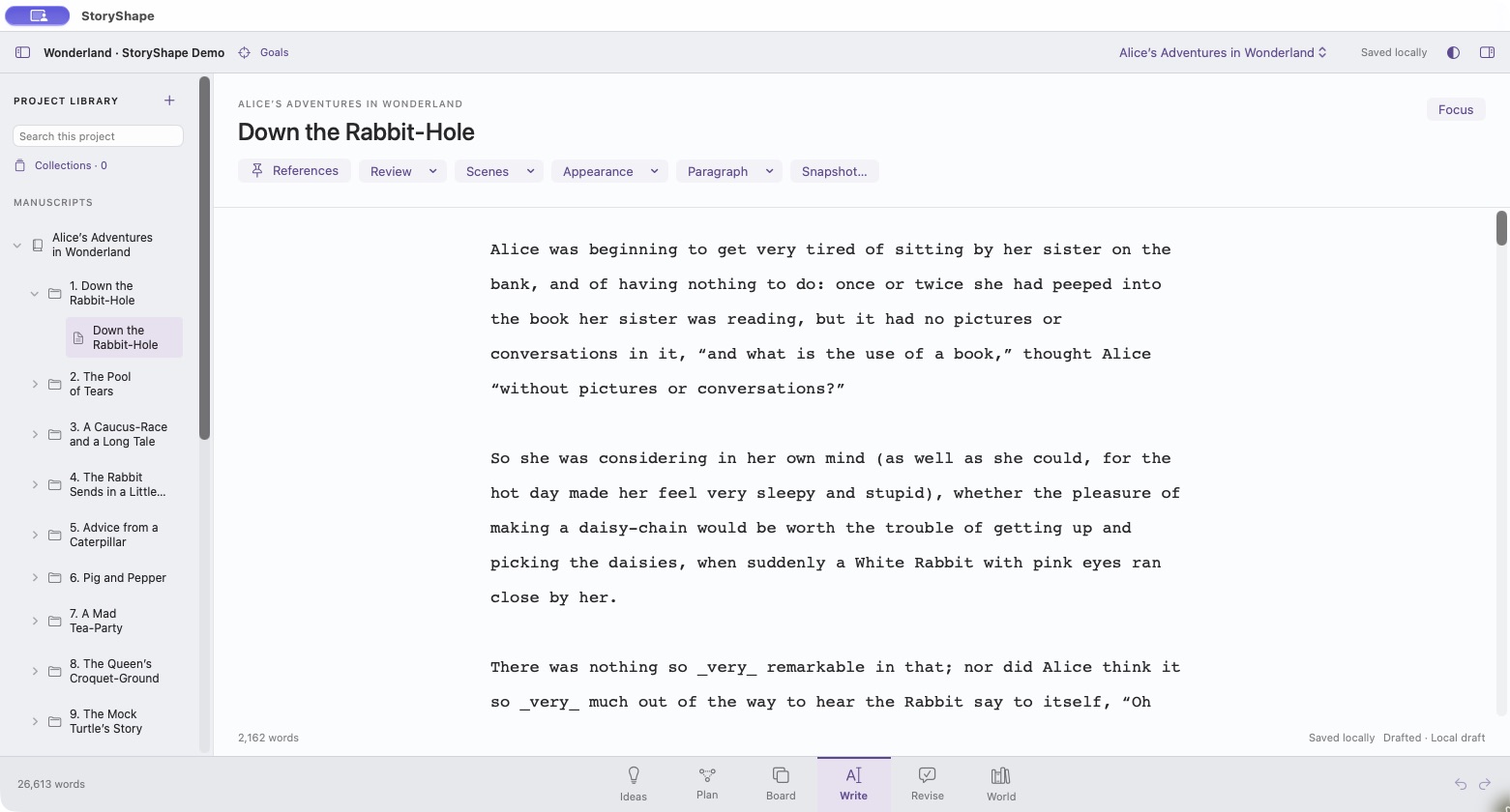 The StoryShape Mac app with Alice’s Adventures in Wonderland open in the Write workspace.
